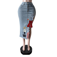 Jupe en jean vintage à lettres brodées extensible pour femmes Nouveauté Vente chaude Mode