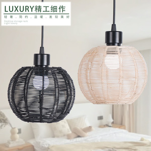Rattan Lampshade Round E27 <b>Led</b> Black Easy Installation For Restaurant Hotel Tea Room Homestay Decorative Pendant Light - Product Image 1