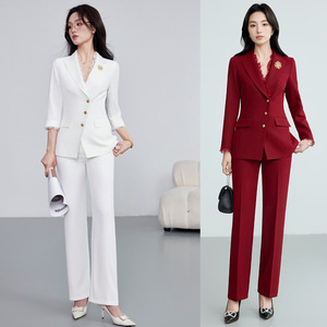 White Women's Suit Set With Lace Collar Slim Fit Business Casual Spring Style Solid Color Polyester No-Wrinkle Treatment - Product Image 1