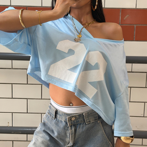 Women's Light Blue Mesh Crop Top V-Neck Short Sleeve Jersey with White Number Print Casual Sporty Streetwear 2026 - Product Image 2