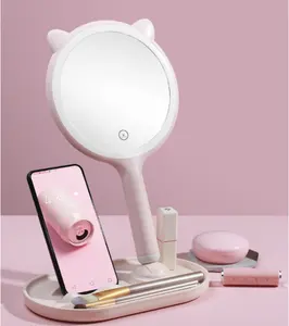 Handheld Kitty LED Lighted Cosmetic Mirror Carry on Hand Held Storage Vanity Mirror Rechargeable LED Light Makeup Mirror