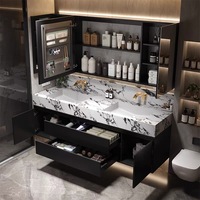 Meuble-lavabo de salle de bain de luxe en panneaux de bois, avec dessus en marbre, en MDF et contreplaqué, avec lavabo et miroir