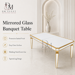 Elegante Mesa Rectangular Dorada de Acero Inoxidable con Espejo en la Parte Superior y Patas Cónicas para Banquetes, Venta al por Mayor - Product Image 1