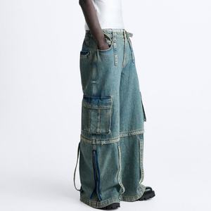 Pantalones Anchos Personalizados de Moda Urbana al por Mayor con Correas Multifuncionales, Jeans Cargo Desmontables Azules Lavados para Hombre - Product Image 5