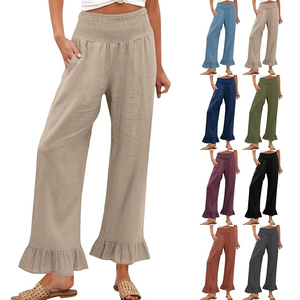 <span class=keywords><strong>Pantaloni</strong></span> <span class=keywords><strong>Palazzo</strong></span> da Donna <span class=keywords><strong>a</strong></span> Gamba Larga in Cotone 70% <span class=keywords><strong>Lino</strong></span> 30% con Vita Alta e Orlo Arricciato, Stile Boho Estivo Casual e Fluido - Product Image 1