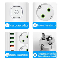 Multiprise UE avec câble d'extension de 2 m, 4 prises CA, 4 ports USB, 1 prise de charge rapide Type-C, interrupteur LED indépendant, 2500 W