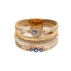 Bohemian Style Handmade Woven Diamond Inlaid Multi Layer PU <b>Leather</b> Magnetic Buckle Turkey Blue Evil Eye <b>Leather</b> <b>Bracelet</b>&Bangle - Product Image 2