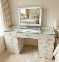 Coiffeuse blanche moderne avec miroir en cristal et 13 tiroirs, ensemble de table de maquillage pour chambre à coucher