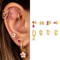 Set Perhiasan Multi Piercing Grosir ZUOLA Mewah 8PCS Anting Zirkon Berbentuk Bunga Lapis Emas Set Anting Stud dan Hoop Perhiasan Berkualitas