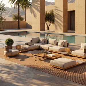 Ensemble <span class=keywords><strong>de</strong></span> canapés modulaires d'extérieur en teck massif <span class=keywords><strong>de</strong></span> luxe avec dossier tressé - Product Image 1