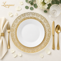 Assiette de présentation de luxe en verre à motif Mandala, dorée et transparente, décorative pour la location de décoration de table de fête