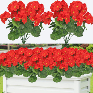 Bosquejo de Begonia Artificial Roja Brillante, Geranio de Seda Sintética con Hojas Verdes Redondas, Decoración para Jardín, Venta al por Mayor - Product Image 1