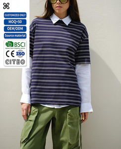 Men Navy <b>White</b> Horizontal Striped Oversized T Shirt Crew Neck Drop Shoulder Loose Fit Casual Streetwear <b>Tee</b> Top - Product Image 1