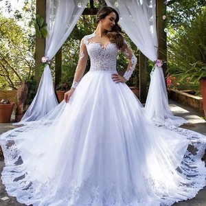 White Ball Gown Wedding Dress Sweetheart Neckline Empire Waist Crochet Vintage Long Train Lace Trim Full Skirt - Product Image 1