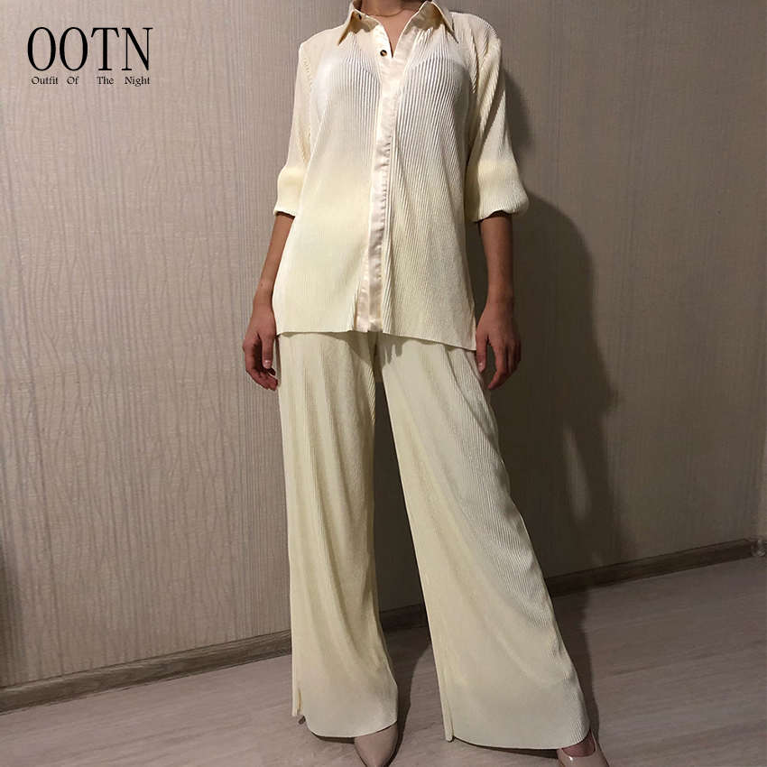 Ootn Kantoor Dame Elegante Lange Palazzo Broek Vrouwen Broek Mode 2022 Casual Losse Broek Beige Geplooide Wijde Pijpen Broek Set