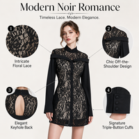 Robe mini noire unie en dentelle florale pour femme, col montant, dos évidé, taille nouée, manches longues, empiècements en satin, coupe trompette/sirène