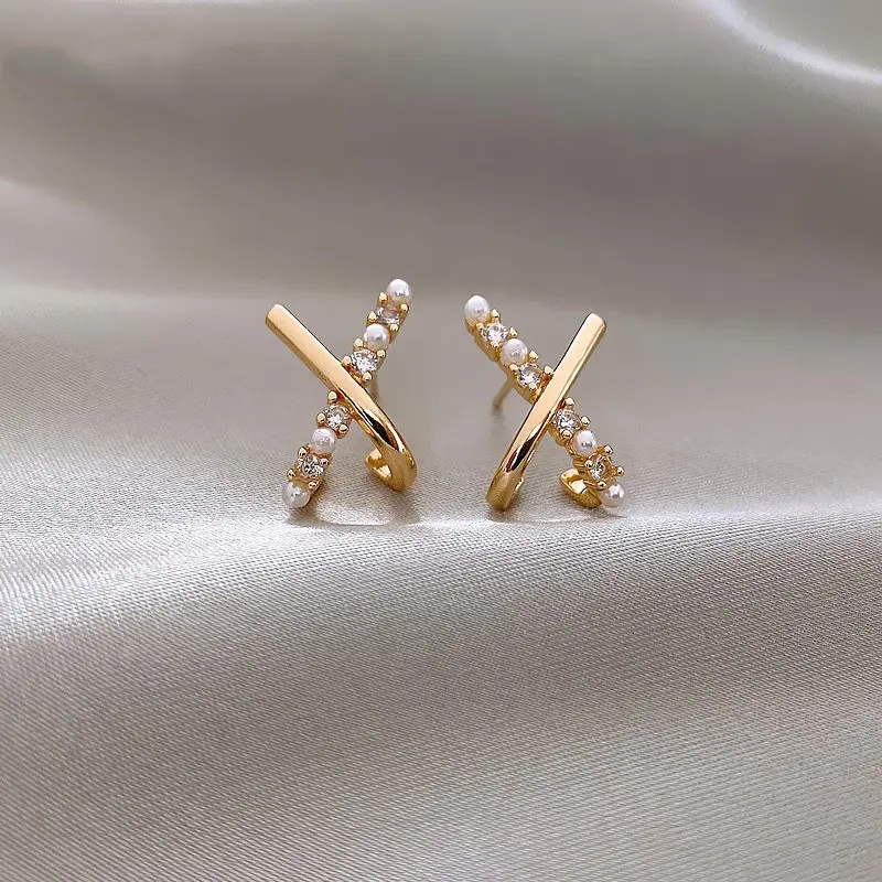 Micro-encrusted zircon cross pearl earrings 925 silver needle high-end earrings female temperament Korean earrings