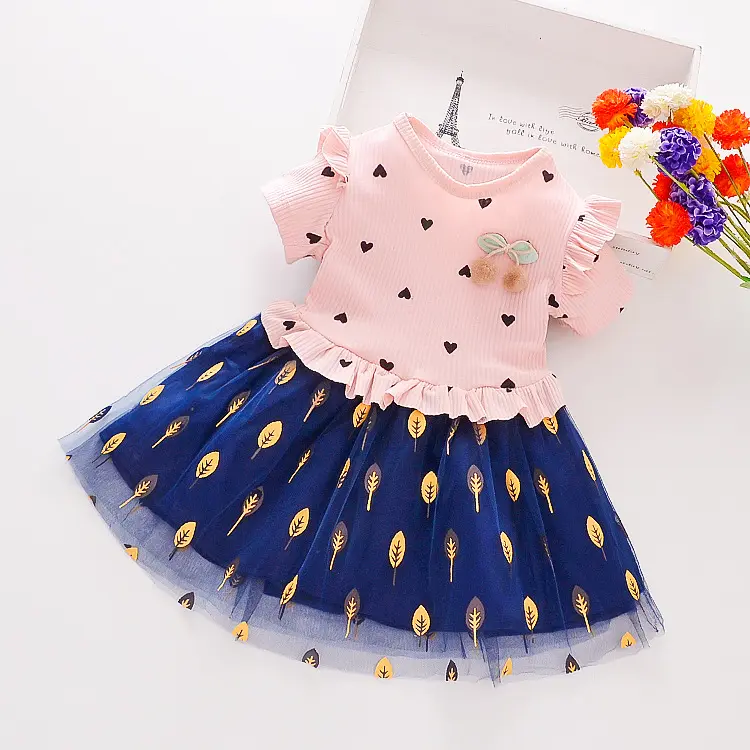 Wholesale High Quality Summer Baby Girls 4 Different Designs Children's Fashion Style Short-sleeved Round Neck Dress Set