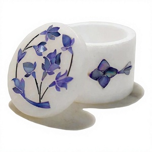 Forme circulaire avec nacre bleue Floral fait à la main Art Top artiste indien boîte d'incrustation de marbre avec vadrouille utilisée pour le stockage de bijoux - Product Image 1