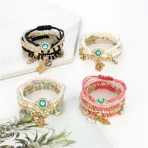 De gros bracelet chanceux femmes-Bracelets tissés pour femmes, lot de 12 pièces, style Boho, porte-bonheur, perles
