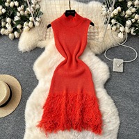T26226 Boutique 2026 Fournisseur de Vêtements Tendance Robe Mini Femme Tricotée à Pompons Col Roulé Sans Manches Élégante Décontractée