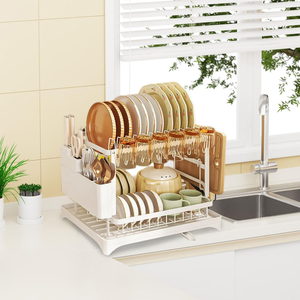 Escurridor de Platos Multifuncional de 2 Niveles, Resistente al Óxido, Ahorra Espacio, Color Rosa, con Bandeja de Drenaje para la Encimera de la Cocina - Product Image 4
