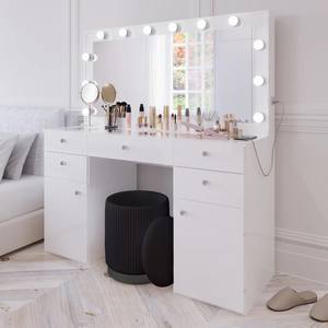 Ensemble de coiffeuse de luxe avec lumières LED blanches, plateau en verre, table de maquillage en bois moderne avec miroir et chaise - Product Image 2