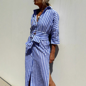 Elegante Abito Camicia a Righe da Donna 2026, <span class=keywords><strong>Vestito</strong></span> <span class=keywords><strong>Midi</strong></span> alla Moda <span class=keywords><strong>con</strong></span> Colletto Rovesciato e Maniche a Tre Quarti <span class=keywords><strong>con</strong></span> <span class=keywords><strong>Spacco</strong></span> - Product Image 1