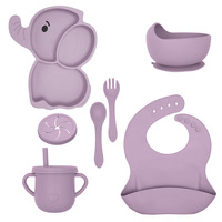 Ensemble repas bébé en silicone de qualité alimentaire avec motif éléphant mignon - Assiette à forte ventouse, bol à double poignée, couvercle et tasses, couverts pour enfants