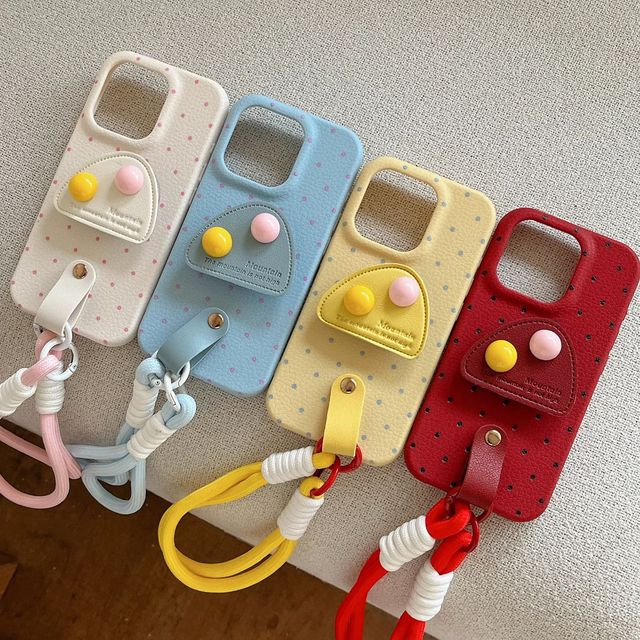 Luxury Cute Polka Dot Phone Case With Expanding Cushioning Stand and Braided Rope Wrist Strap Shockproof Leather Cover