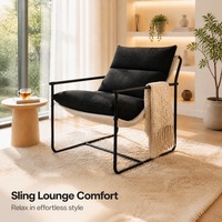 Fauteuil lounge moderne en toile noire avec structure tubulaire noire, coussin segmenté crème, pour salon, hôtel, couleur, taille et logo personnalisables