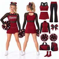 Ensemble d'uniforme de cheerleading bordeaux personnalisé avec manches en maille ornées de strass thermocollants, résistant aux chutes et optimisé pour la performance
