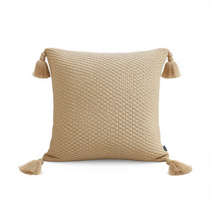 Funda de Almohada Geométrica DB de 50 cm Cuadrada, Tejida con Detalles de Borlas, para Sala de Estar, Sofá, Color Marrón Claro, Estilo Transicional - Product Image 1