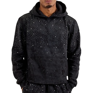 Sweat à capuche <span class=keywords><strong>en</strong></span> daim délavé bleu tendance pour homme avec strass étincelants, <span class=keywords><strong>en</strong></span> molleton français de qualité supérieure, style streetwear de luxe - Product Image 1