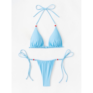 Bikini Personalizado con MOQ Bajo, Traje de Baño Sexy con Tiras Laterales, Triángulo Azul, Traje de Baño Bonito - Product Image 5