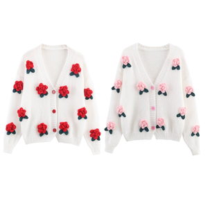 Cárdigan de Punto Floral 3D para Mujer, Cuello en V, Manga Larga, Botones, Corte Holgado, Color Blanco con Apliques de Flores, a la Moda - Product Image 1