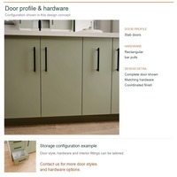 Ensemble de meubles de cuisine sur mesure, portes minimalistes en PVC thermoformé, aménagement en îlot et rangement coulissant, structure en panneaux de particules