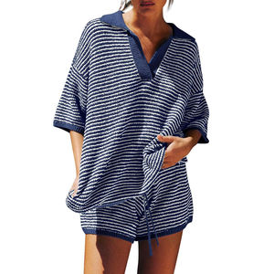 Completo Estivo da <span class=keywords><strong>Donna</strong></span> Channel, Set 2 Pezzi, Maglione Oversize con Maniche 3/4 e Scollo a V, Pantaloncini a Vita Alta, Set Loungewear - Product Image 4