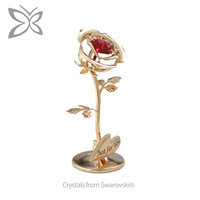 Crystocraft Saint-Valentin Amour Figurine Rose Rouge en Cristal Plaqué Or Art Populaire Européen Cristaux Taillés Brillants Gravure Laser
