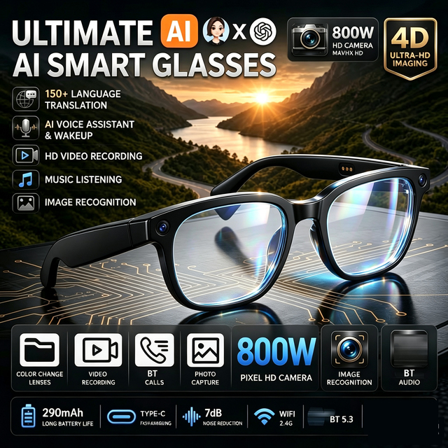 Gamegaga CY03 Intelligent Vision Smart Glasses with AI Translation 800W Camera Video Recording 10m BT Range AI Voice Command