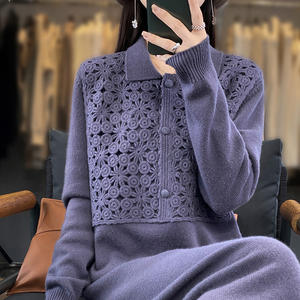 Gaun Rajut Kasmir Murni Buatan Tangan Industri Berat Kerah Kemeja Kerah Polo Lengan Panjang Longgar Panjang Selutut - Product Image 5