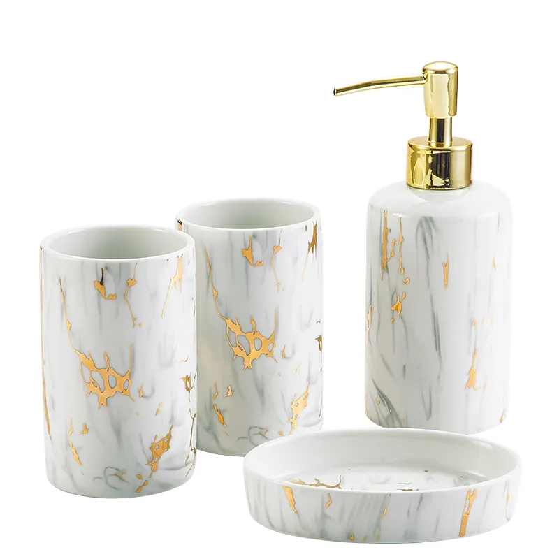 Ceramic Factory New Design Gold Marble Decal Hotel Ceramic 4 pcs Europe Simple Bathroom Accessories Set