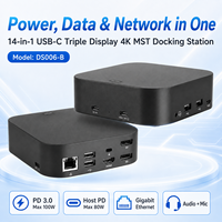 Dock USB-C Triple Display 14in1 MST, 1HDMI+2DP 4K60Hz, 5x10Gbps USB3.2, Gigabit LAN, Lubang Kunci Anti-maling, Stasiun Docking Laptop ABS