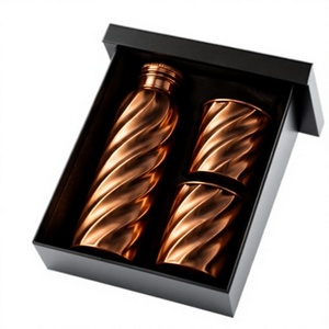 Artisian Copper Water Bottle <b>Flask</b> and <b>2</b> <b>Cups</b> Set with Spiral Pattern Gift Box Modern Portable Drinkware - Product Image 1