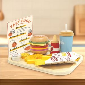 Ensemble de jouets de simulation de restauration rapide pour enfants : Hamburger, frites, jouets de cuisine en bois éducatifs - Product Image 1