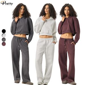 Dames Crop Essentials Hoodies Lange Broek 2 Delige Set Winter Herfst Workout Joggers Tweedelige Set Dames Kleding Joggingbroek Sets - Product Image 1