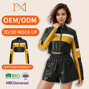 Кожаная куртка из искусственной кожи с контрастными вставками в европейско-американском стиле, с воротником-стойкой, облегающая, укороченная, для женщин - Product Image 1