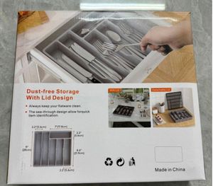 Organisateur de couverts avec couvercle, plateau à ustensiles pour tiroir de cuisine, boîte de rangement multifonctionnelle flexible en plastique PP pour cuillères et fourchettes - Product Image 6