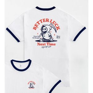 T-shirt Better Luck Next Time bianca con bordi blu navy, design grafico, abbigliamento promozionale - Product Image 1