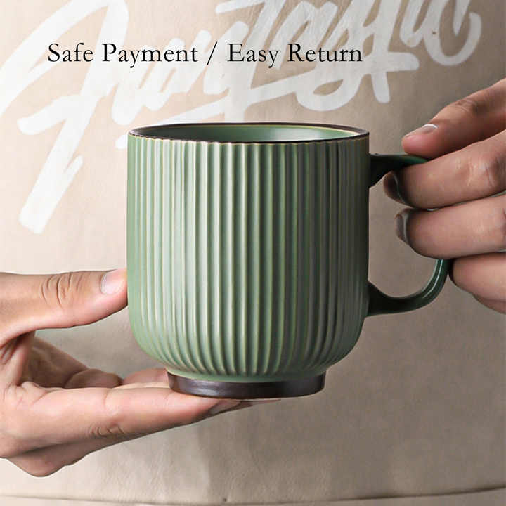 Wholesale Modern Vintage 12oz Green Grey White Glazed Unique Stripe Ceramic Coffee Mug